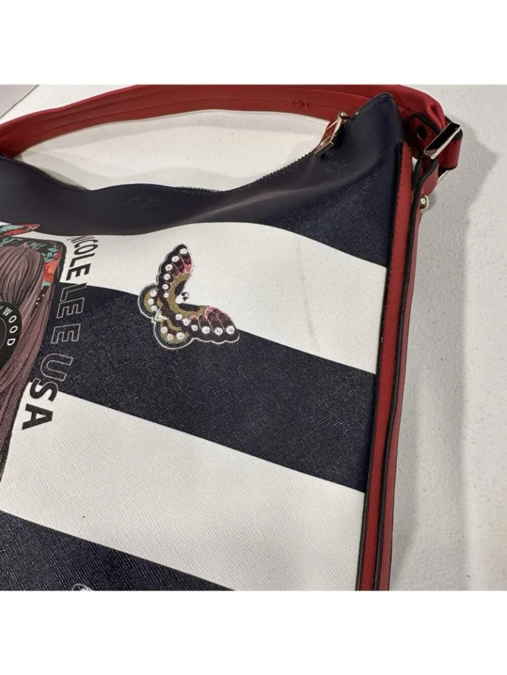 Nicole Lee Judith Loves Flower Hobo Bag Red White Blue Butterfly Floral Tote